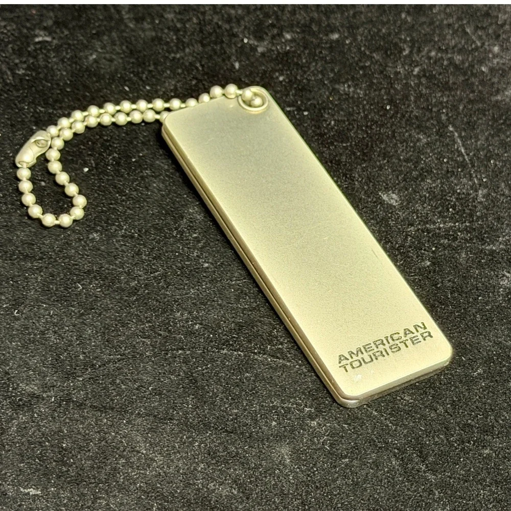 American Tourister-Metal Luggage Tag, Silver Tone, Swivel ID Holder, Ball Chain